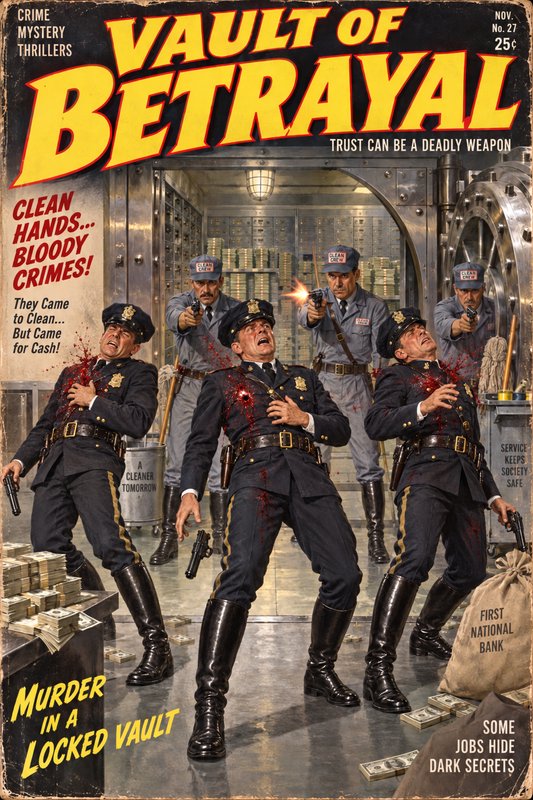 Vintage pulp crime comic cover "Vault of Betrayal" showing cleaners shooting police inside a cash-filled bank vault