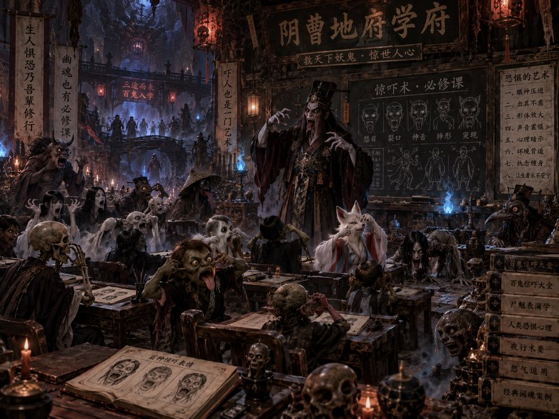 Dark fantasy scene of a Chinese underworld ghost academy, a demon teacher leads a scare tactics lesson for undead and