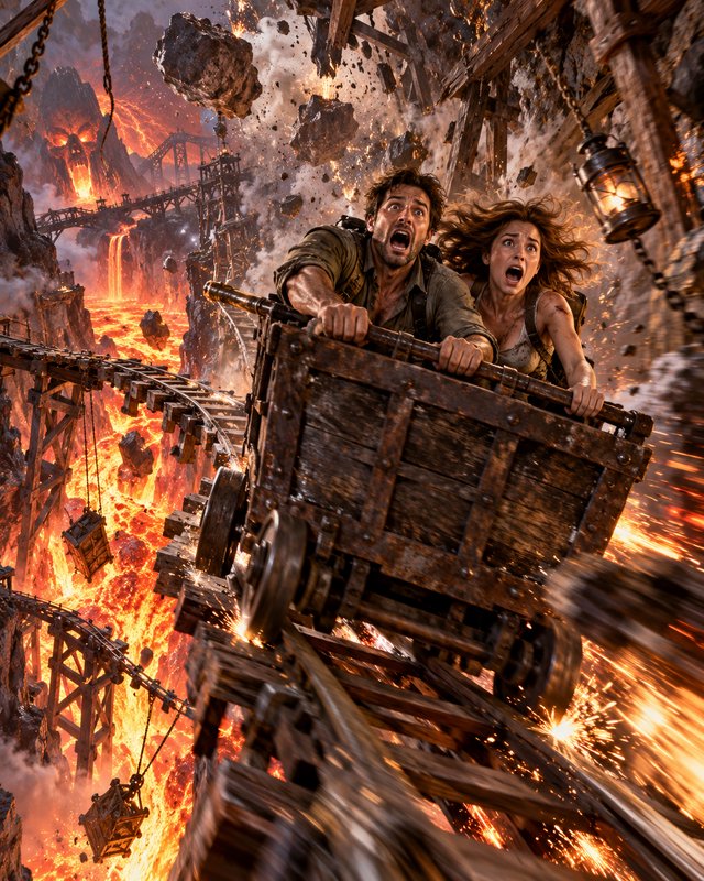 Terrified couple in a runaway mine cart speeds over fiery lava as a volcanic mine collapses around them