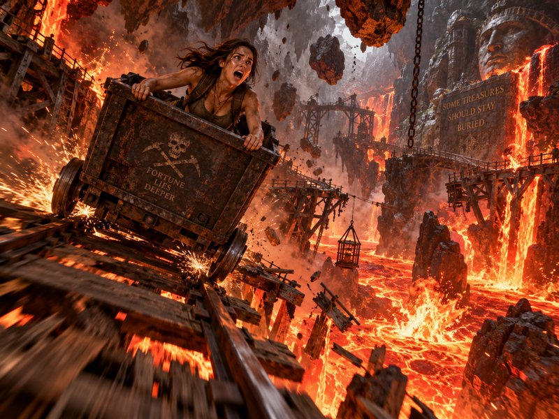 Terrified female adventurer rides a runaway mine cart above flowing lava in a collapsing volcanic mine cavern