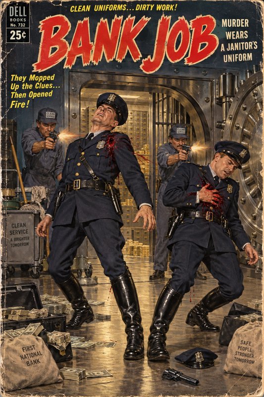 Vintage pulp comic cover for "Bank Job" showing robbers disguised as janitors shooting wounded police officers at an