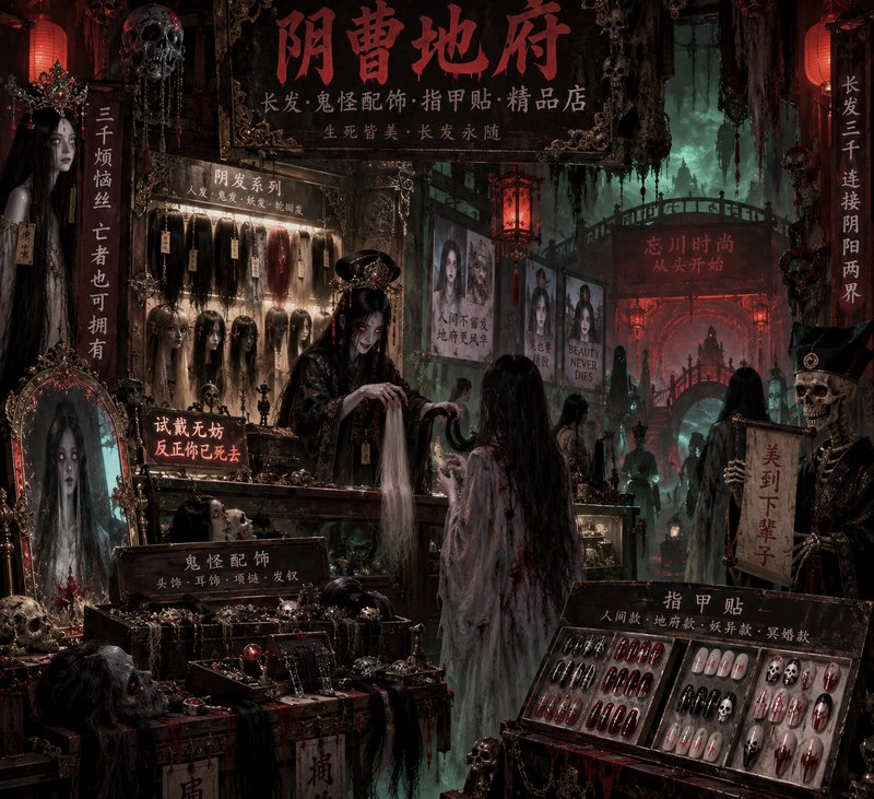 Macabre dark fantasy underworld beauty shop, ghost vendor shows wigs to a spectral customer amid spooky haunted horror