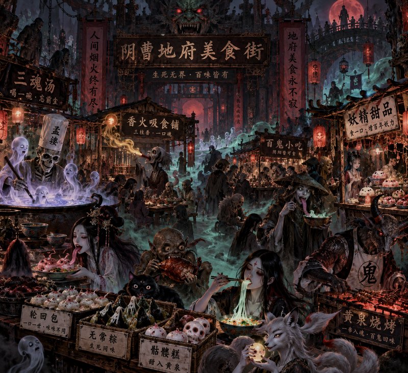 Surreal dark fantasy illustration of a bustling underworld ghost food market full of supernatural stalls and monstrous