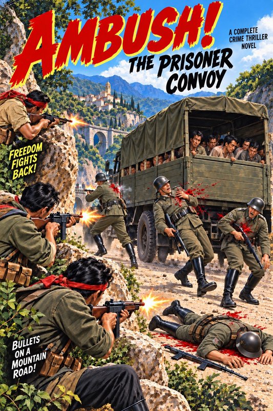 Retro pulp comic cover showing resistance fighters ambushing a military prisoner convoy on a mountain road