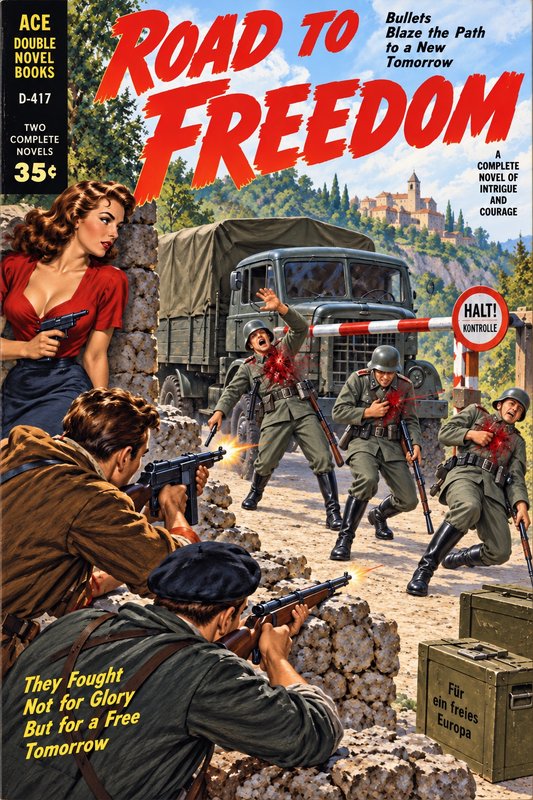 Vintage pulp novel cover showing WWII resistance fighters ambushing German soldiers at a mountain road checkpoint