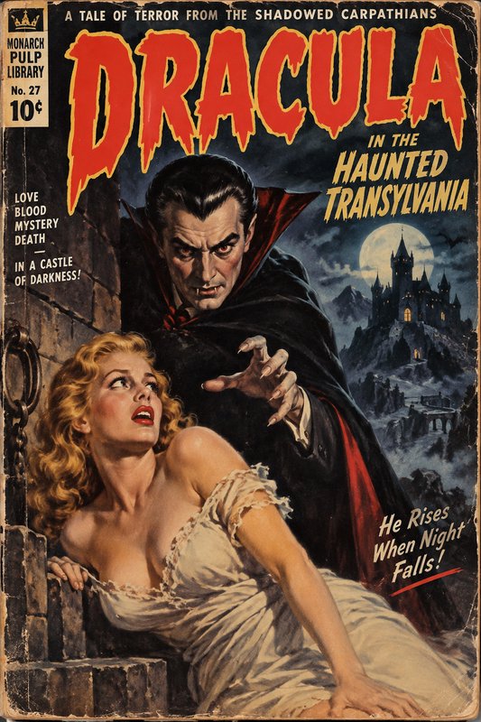 Vintage horror pulp cover showing menacing Count Dracula reaching for a frightened blonde woman, with a moonlit