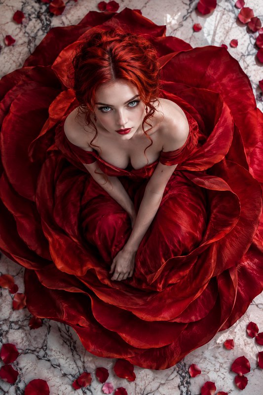 Red haired woman in a voluminous rose-shaped red gown looks up from a marble floor scattered with rose petals