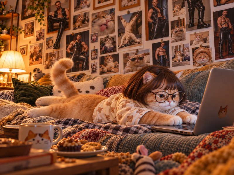 Orange tabby cat wearing glasses and pajamas lounges on a couch staring at a laptop in front of a silly gallery wall