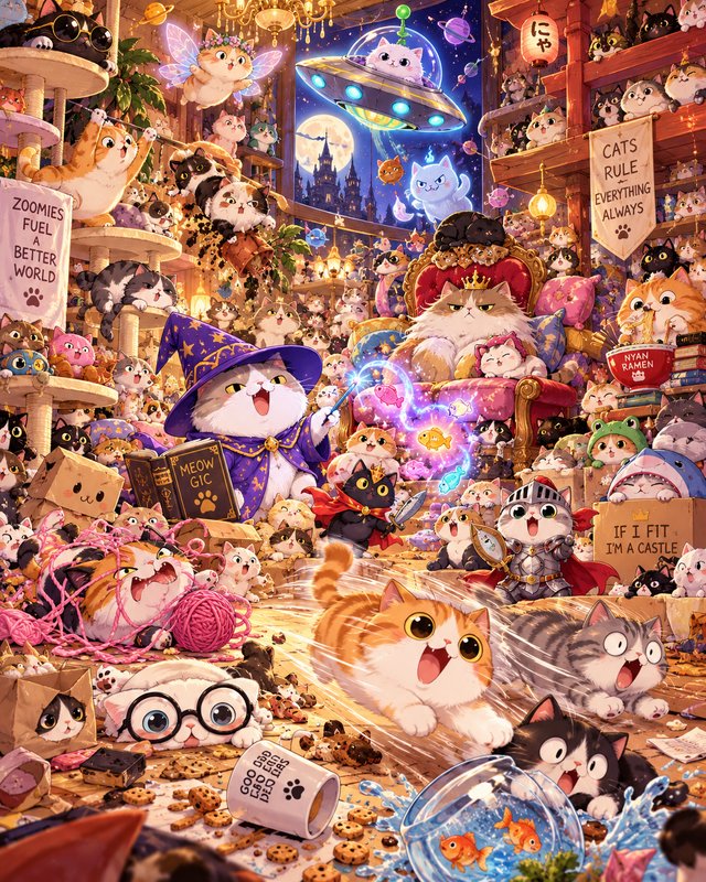 Chaotic whimsical fantasy illustration of dozens of costumed cats filling a magical cat-themed tower room