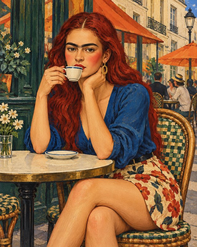 Woman with long wavy red hair sips espresso at a sunlit Parisian sidewalk cafe