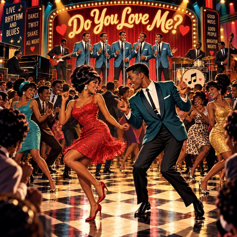 1960s retro dance party with couple swing dancing in front of a live doo-wop stage band