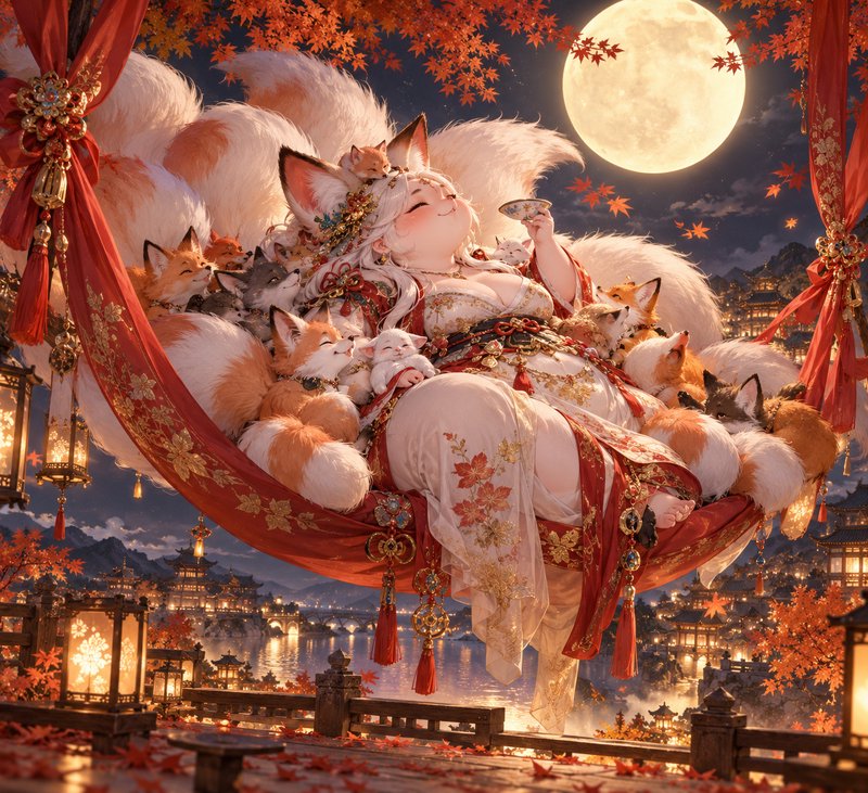 Chubby nine-tailed kitsune goddess rests in a silk hammock surrounded by foxes under a bright full autumn moon