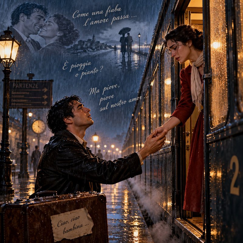 Heartbroken man holding a woman's hand as she leans out of a vintage train at a rainy 1940s station goodbye