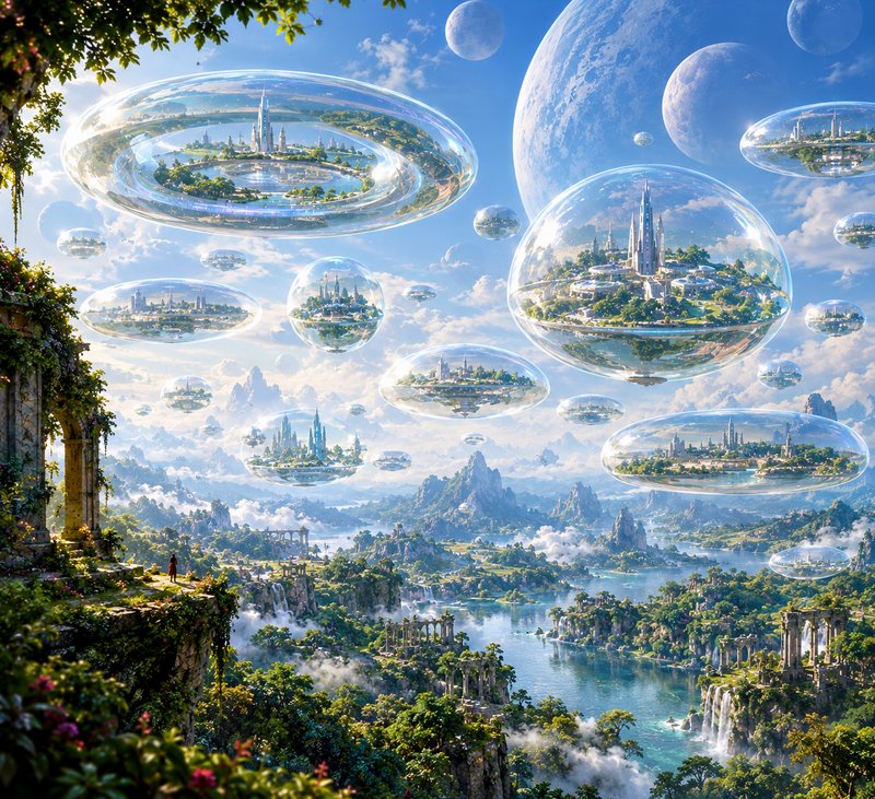 Lone cliffside observer looks out at floating glass bubble cities above a lush alien landscape with multiple planets in the