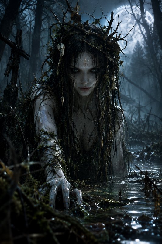 Pale swamp witch with a thorn crown crawls from murky water in a moonlit foggy night swamp