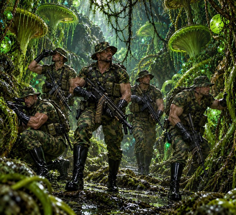Camouflaged tactical soldier squad patrols through a dense glowing alien jungle with giant mushroom flora