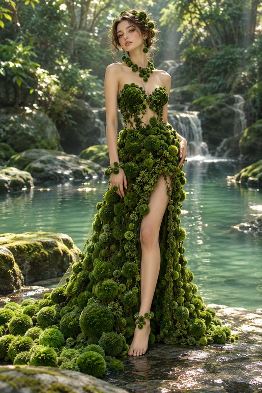 Woman in an organic moss gown stands on a rock beside a lush forest waterfall pool
