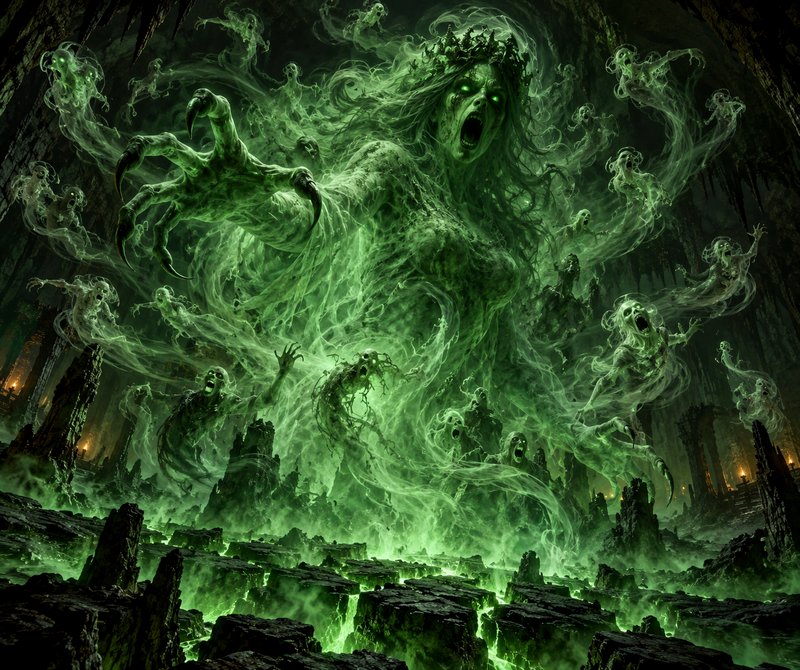Towering glowing green banshee queen reaches out with clawed hands surrounded by wailing ghosts in a dark cavern