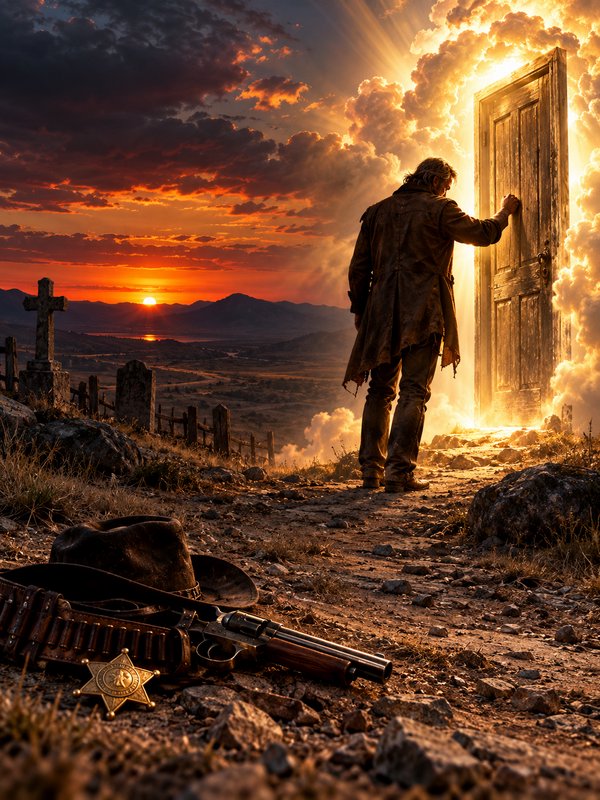 Weary old western cowboy reaches for a glowing heavenly door, his discarded sheriff gear lying on the ground at sunset