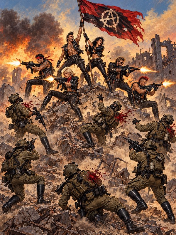 Leather-clad anarchist rebels raise an anarchy flag while fighting soldiers on a burning rubble battlefield