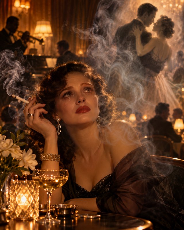 Wistful 1940s glamorous woman holding a cigarette at a candlelit smoky jazz club, with dancers and musicians in the