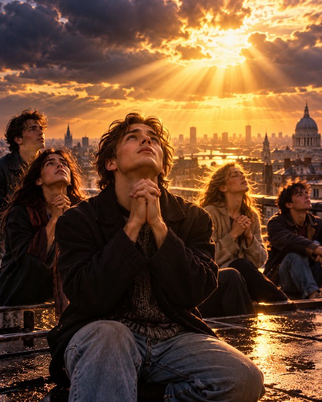 Group of young people looking upward in prayer from a London rooftop at dramatic golden sunset