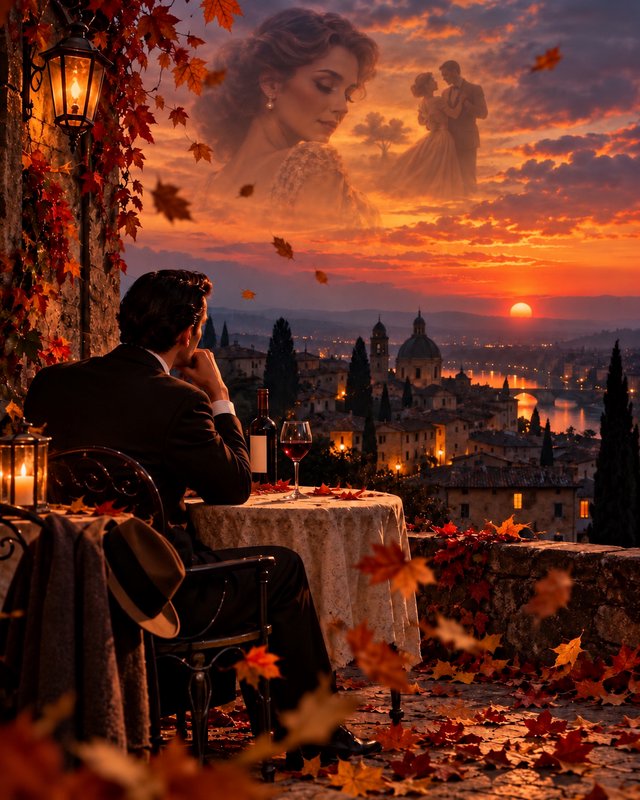 Pensive suited man sits at a cliffside cafe overlooking a Tuscan sunset, daydreaming of a romantic memory