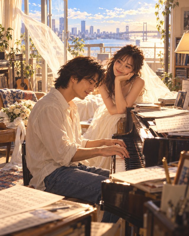 Man plays grand piano while a smiling woman in a bridal veil watches in a sunlit waterfront apartment