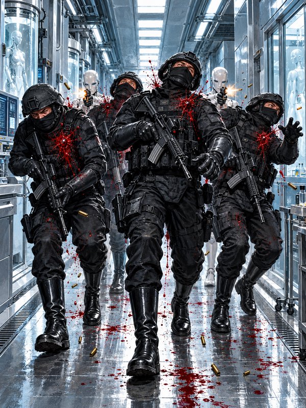 Armored special forces soldiers are ambushed by humanoid androids in a futuristic research lab corridor