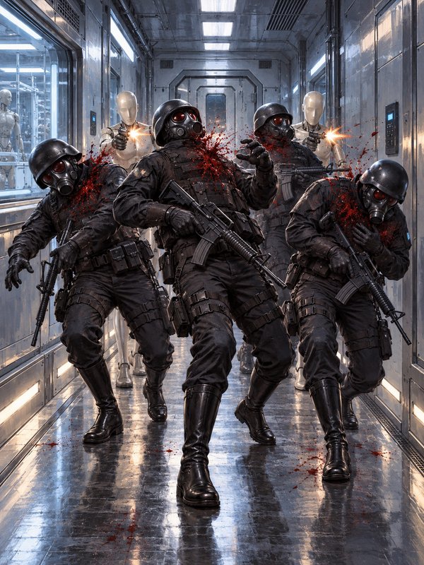 Heavily armed tactical soldiers are gunned down by humanoid androids in a futuristic metallic lab corridor