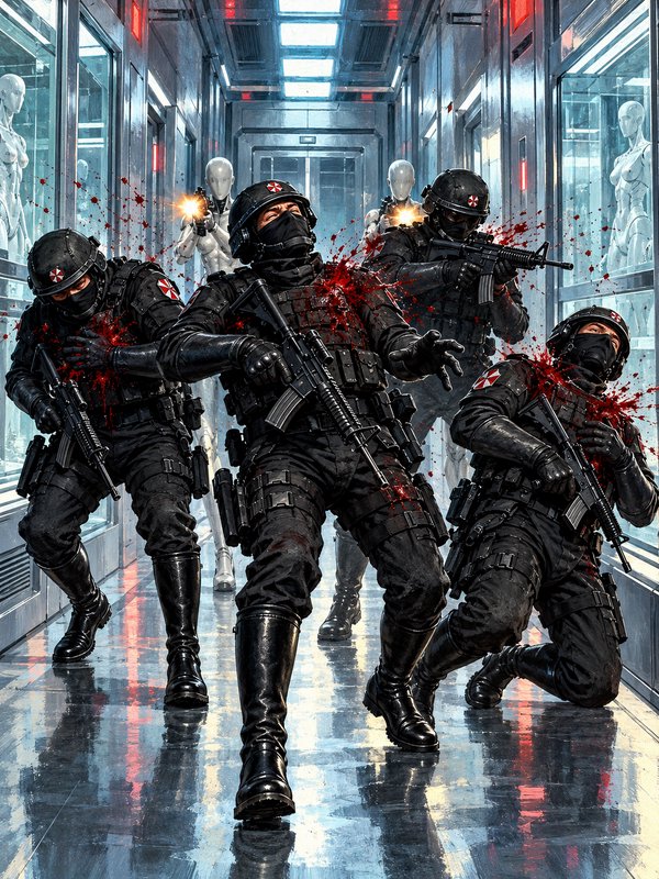 Umbrella tactical operatives are ambushed by hostile humanoid androids in a futuristic research lab corridor