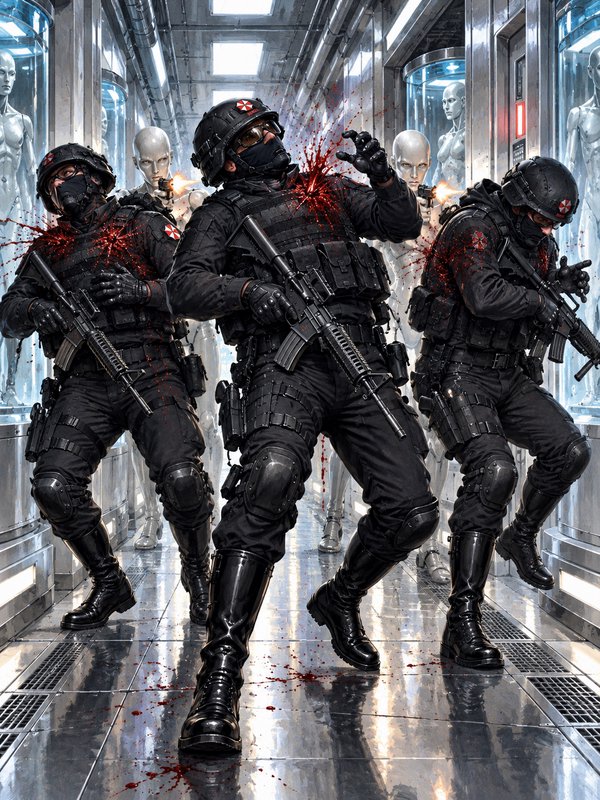 Umbrella tactical operatives are ambushed by humanoid androids in a futuristic research facility corridor