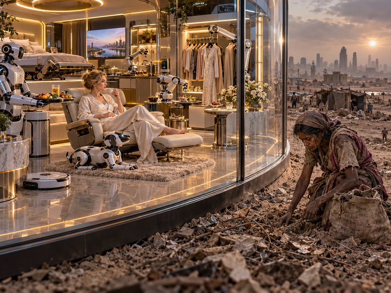 Stark contrast between luxury glass smart home resident and scavenging woman in a post-apocalyptic shantytown at sunset
