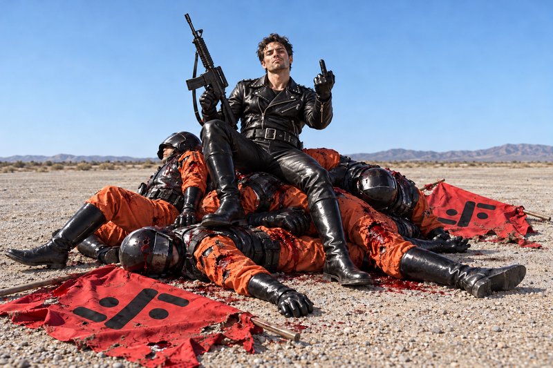 Man in a black leather biker suit sits atop defeated soldiers in a desert, holding a rifle and flipping off the camera