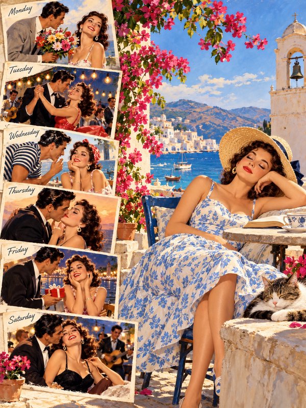 Glamorous retro woman lounges on a Greek island terrace beside polaroids of her week of romantic dates
