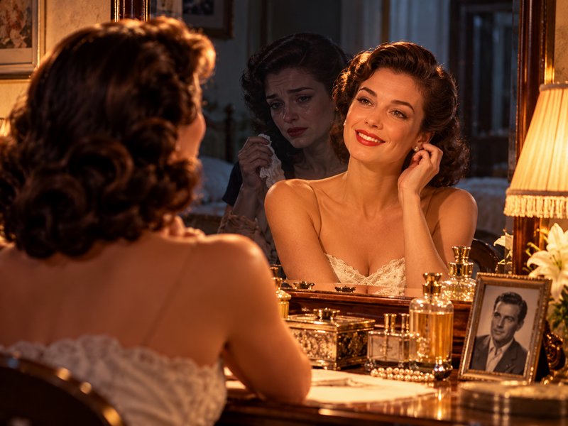 Woman sits at a vintage vanity, displaying conflicting happy and crying reflections in her bedroom mirror