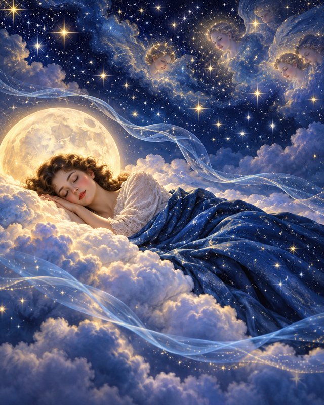 Sleeping woman rests on fluffy clouds beneath a glowing full moon as angels watch from a starry sky