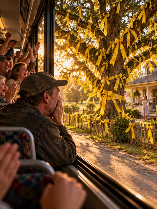 Tearful man on a bus looks out at a yellow ribbon draped oak tree as a woman welcomes him home