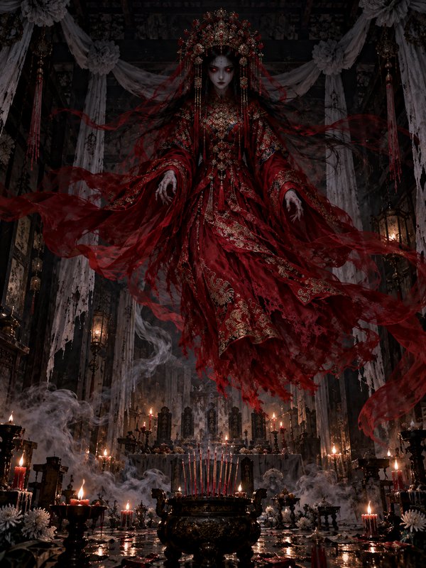 Ghostly floating bride in tattered red wedding robes hovers above a candlelit haunted ancestral shrine