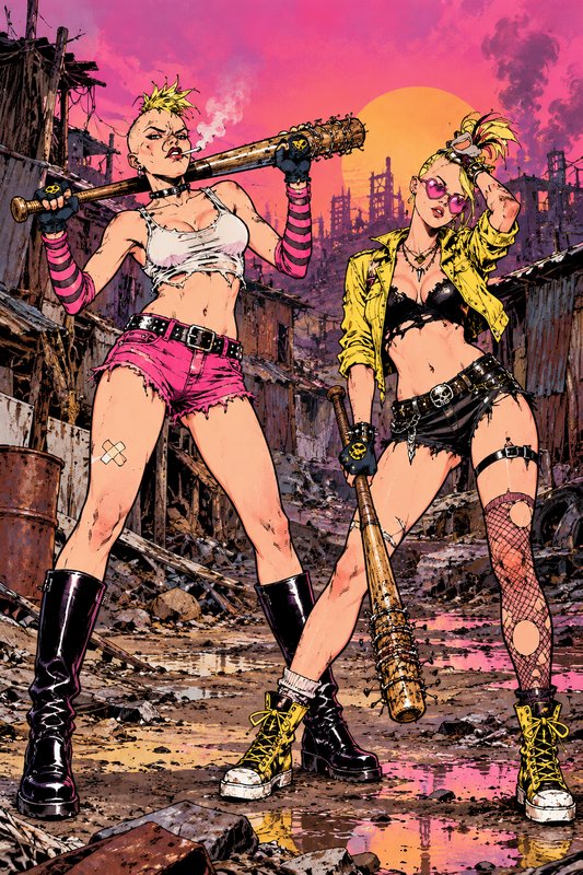 Two punk wasteland women holding spiked baseball bats stand in a ruined settlement at pink sunset
