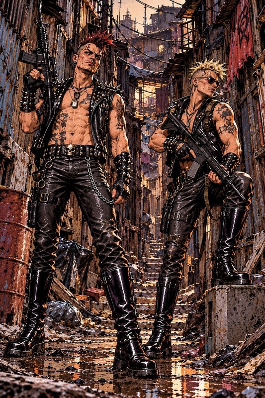 Two armed punk mercenaries stand in a wet ramshackle post-apocalyptic slum alley at golden hour