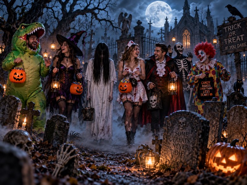 Group of costumed trick or treaters walking through a foggy moonlit Halloween graveyard
