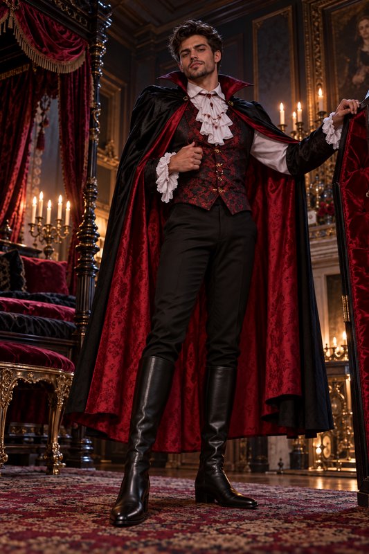 Confident handsome man in a vampire costume stands in an opulent gothic castle bedroom
