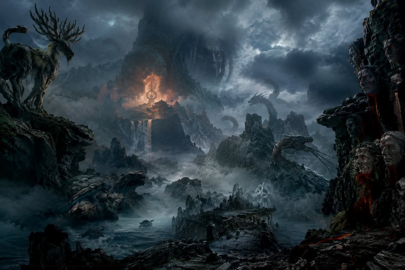 Dark hellish fantasy underworld landscape with mythic beasts, glowing temple and storm shrouded j...
