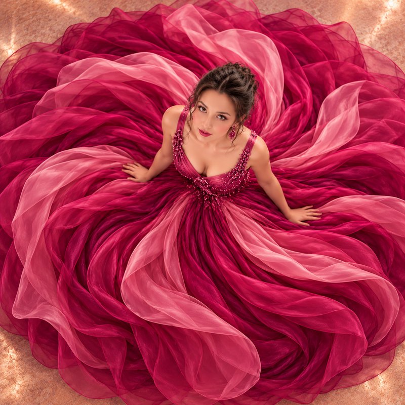 Young woman looks up at the camera from the center of her fanned ombre pink tulle ball gown