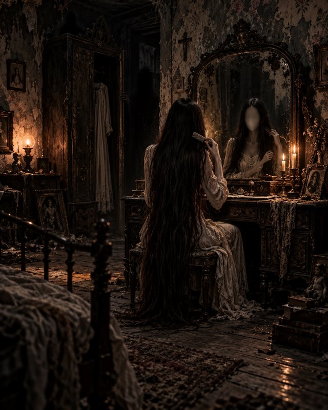 Ghostly faceless woman brushes long dark hair at a decaying vanity in a candlelit abandoned haunt...