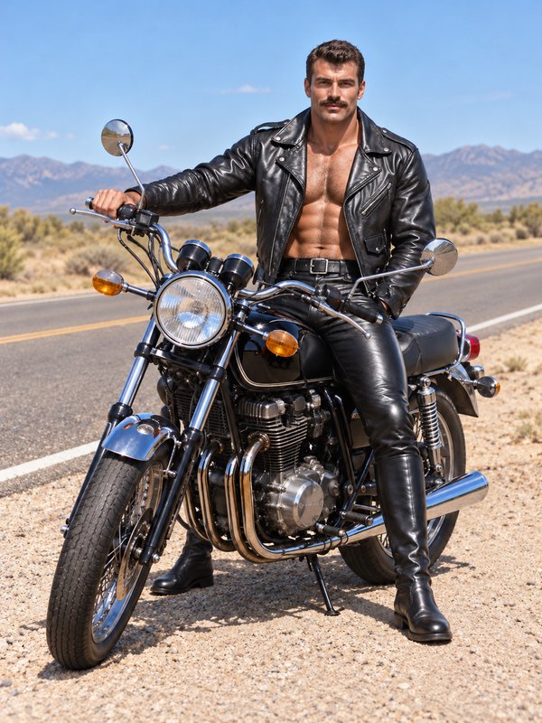 Muscular mustachioed man in an open black leather jacket sits on a vintage motorcycle beside a de...