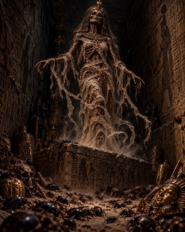 Skeletal undead Egyptian mummy queen rising from a carved sarcophagus inside an ancient hieroglyp...