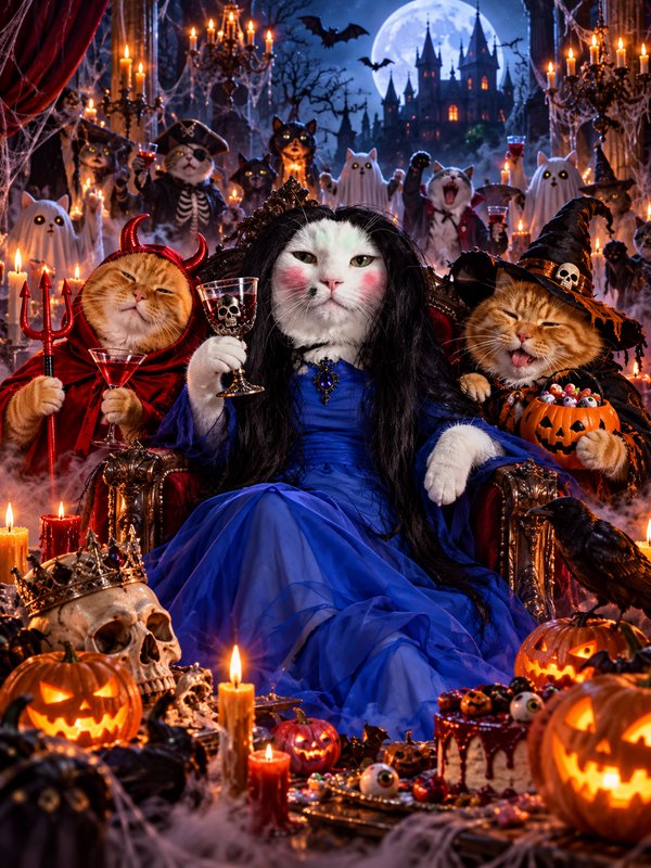 Cats in Halloween costumes gather for a lavish spooky party inside a gothic castle under a full moon