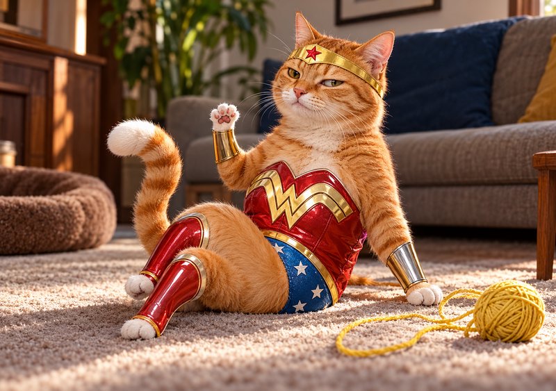 Orange tabby cat in a Wonder Woman costume waves while sitting on a sunlit living room carpet nex...